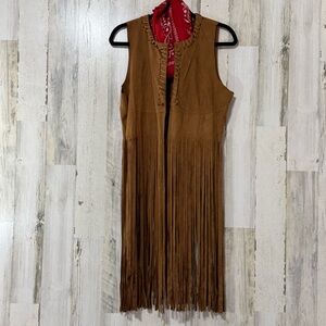 Brown Long Fringe Vest with Red Bandana Cowboy Costume